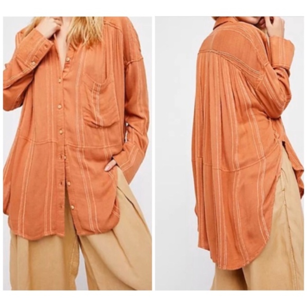 Free People Cozy Nights Embroidered Stripe Blouse